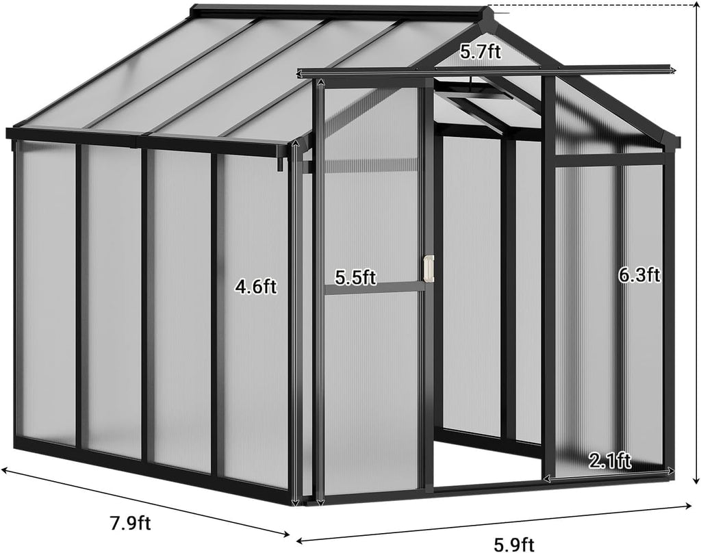 6×8FT Greenhouses for Outdoors, Aluminum Polycarbonate Greenhouses with Roof Vent - Heavy-Duty Walk-in Green Houses for All-Season Backyard Gardening