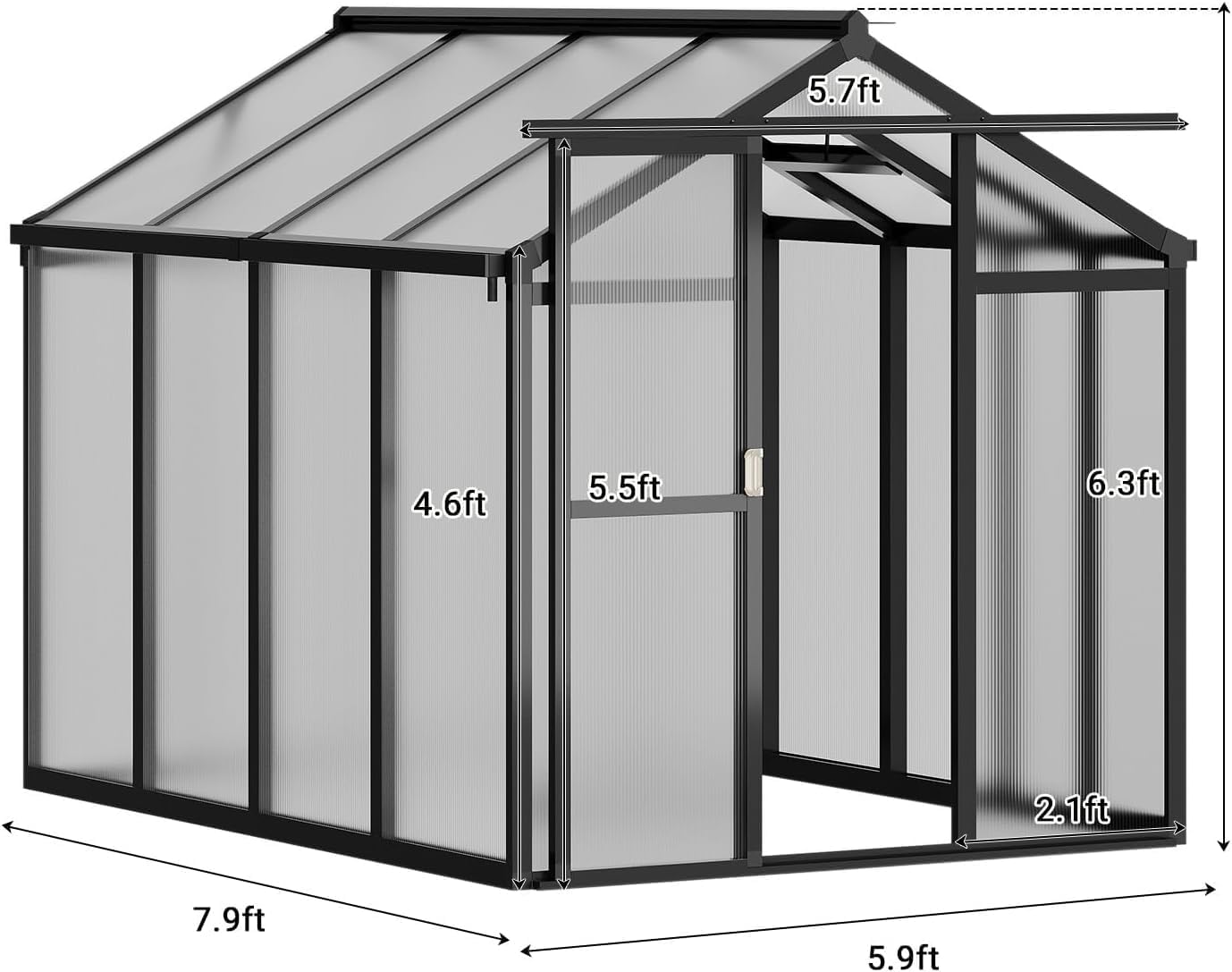 6×8FT Greenhouses for Outdoors, Aluminum Polycarbonate Greenhouses with Roof Vent - Heavy-Duty Walk-in Green Houses for All-Season Backyard Gardening