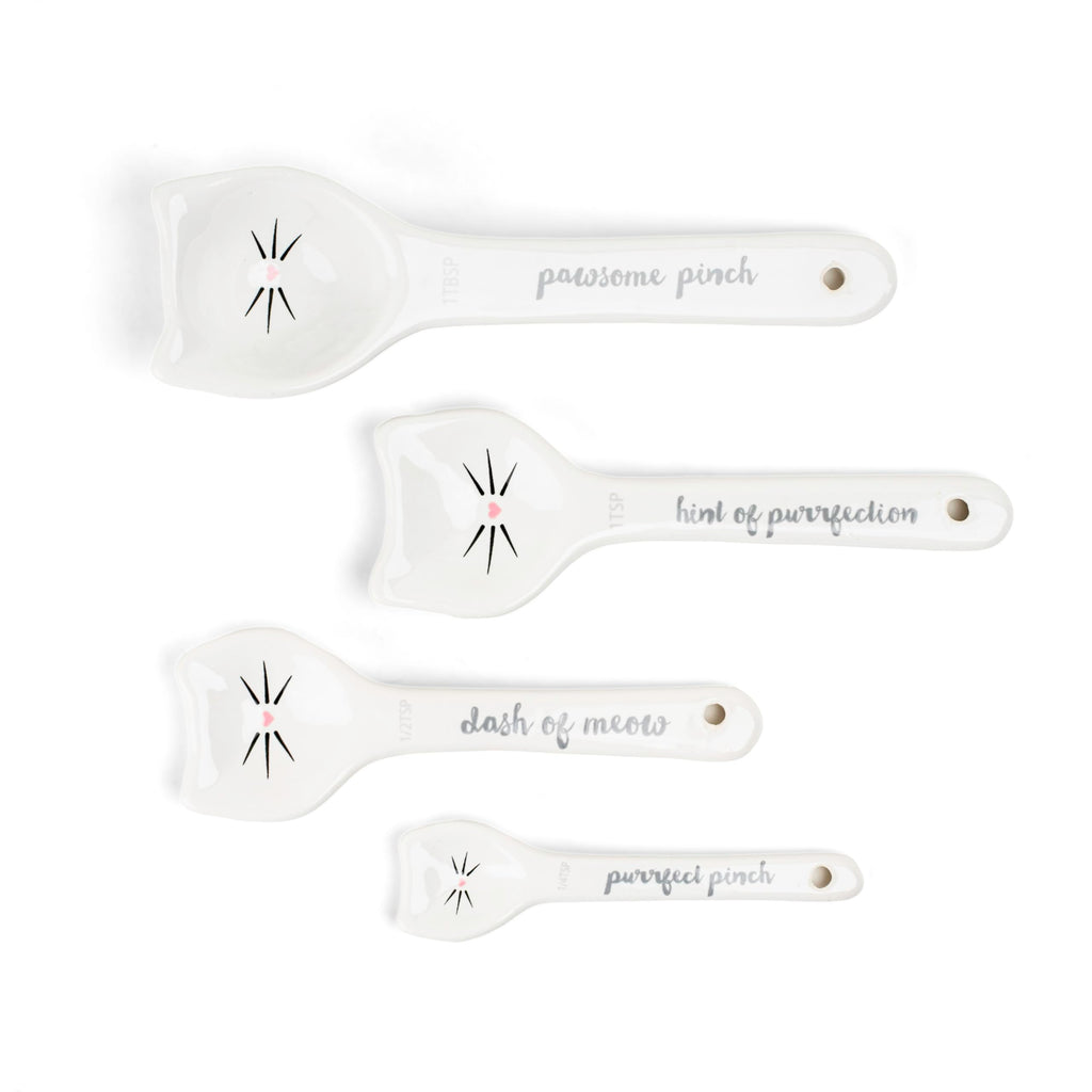 White Cat Measuring Cups & Spoons Gift Set – Ceramic Kitchen Tools for Cat Lovers & Bakers – 4 Measuring Cups and 4 Measuring Spoons – Unique Gift for Kitchen, Baking, and Cat Lovers