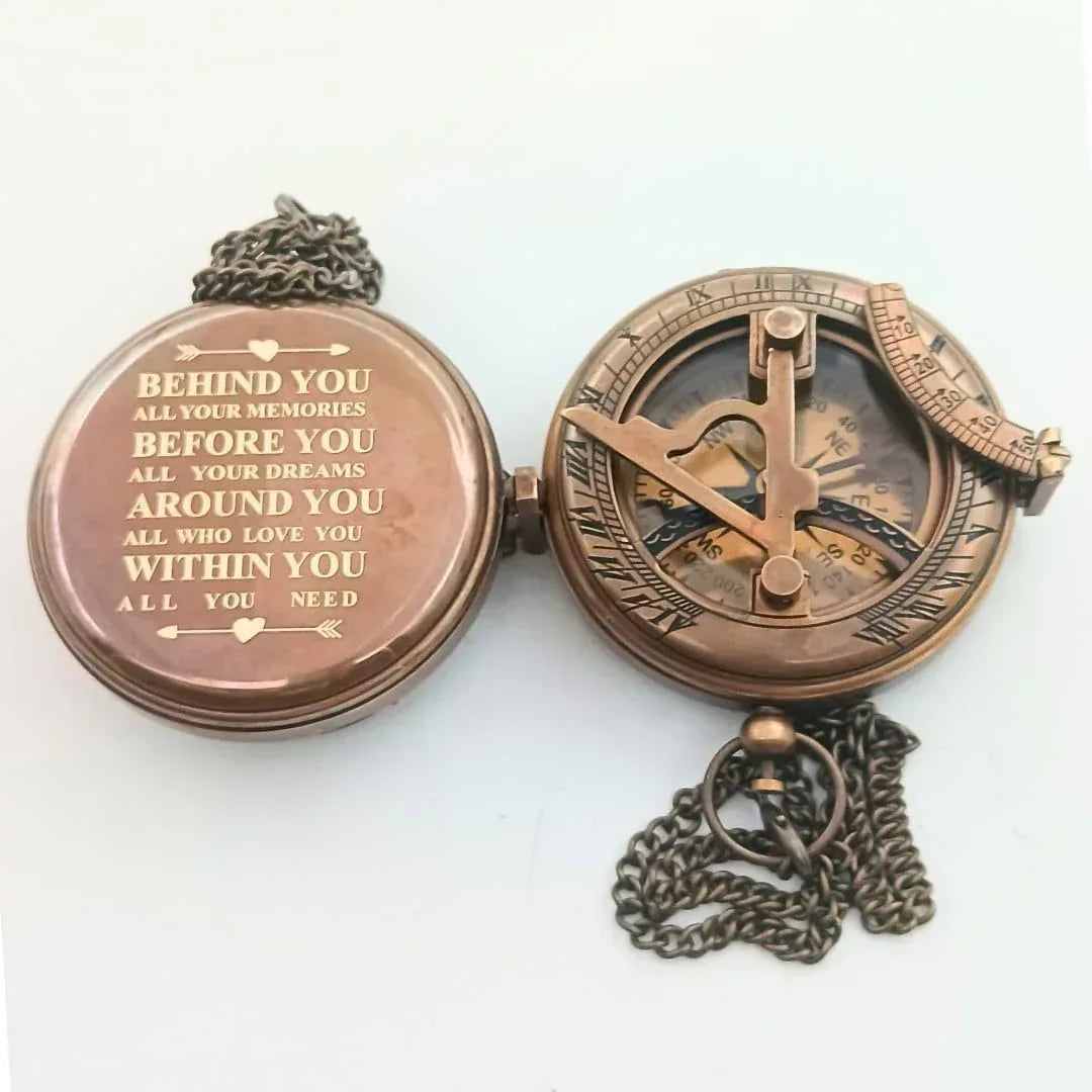 Behind You Engraved Brass Compass Gift for Men - Handcrafted Vintage Brass Sundial Compass – Antique Nautical Sun Clock with Leather Case - Best Graduation Gift - Best College Graduation Gift - Unique Gift Market