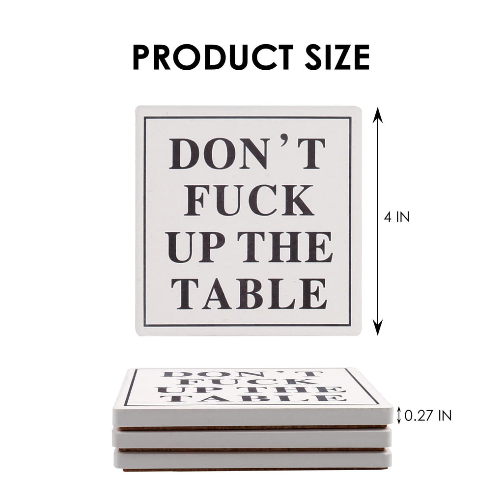 Funny Drink Coasters Ceramic Absorbent Coasters, Don't up The Table Unique Stone Drink Coaster with Cork Back for Coffee Table, Living Room, Family and Friends (Round-White, 6)