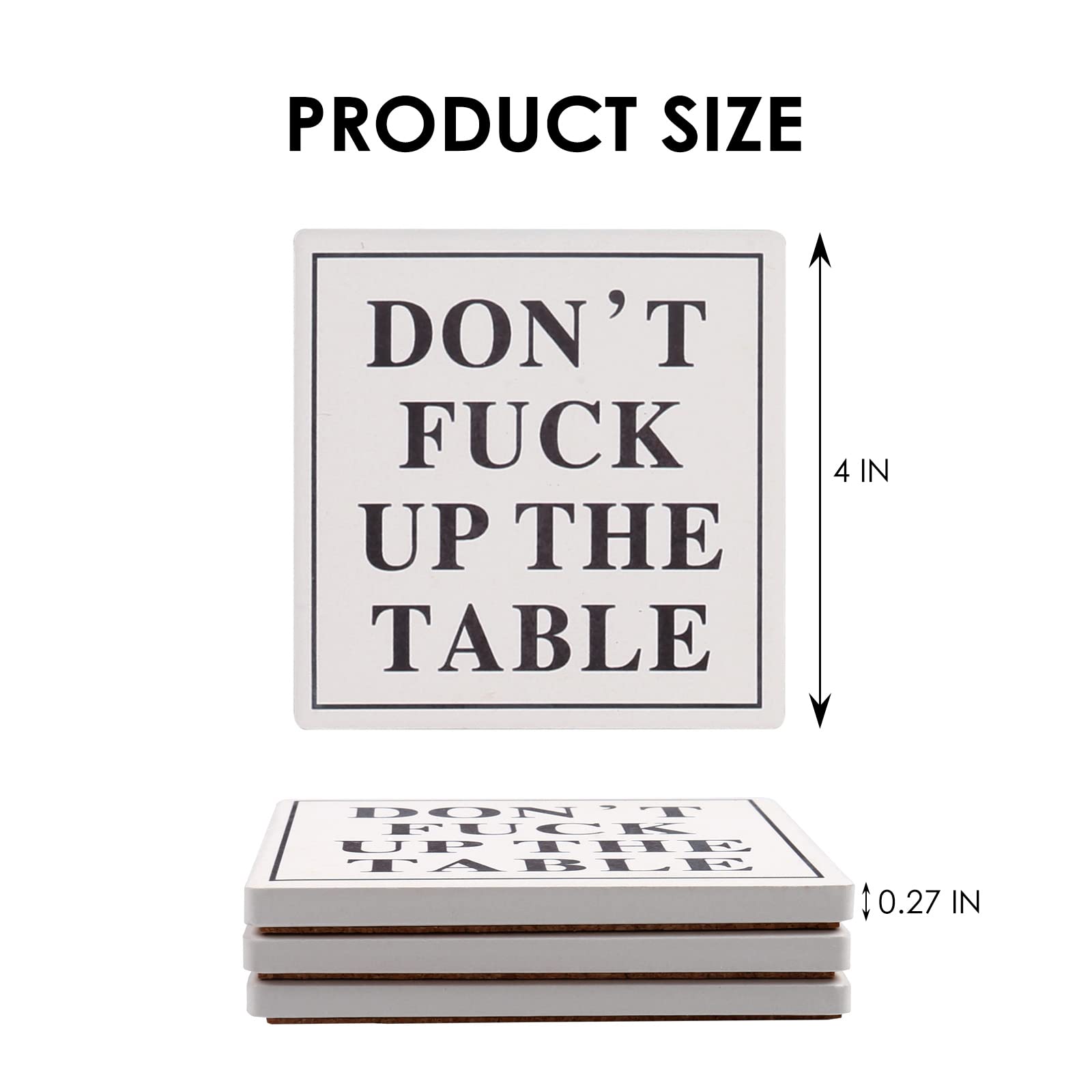 Funny Drink Coasters Ceramic Absorbent Coasters, Don't up The Table Unique Stone Drink Coaster with Cork Back for Coffee Table, Living Room, Family and Friends (Round-White, 6)