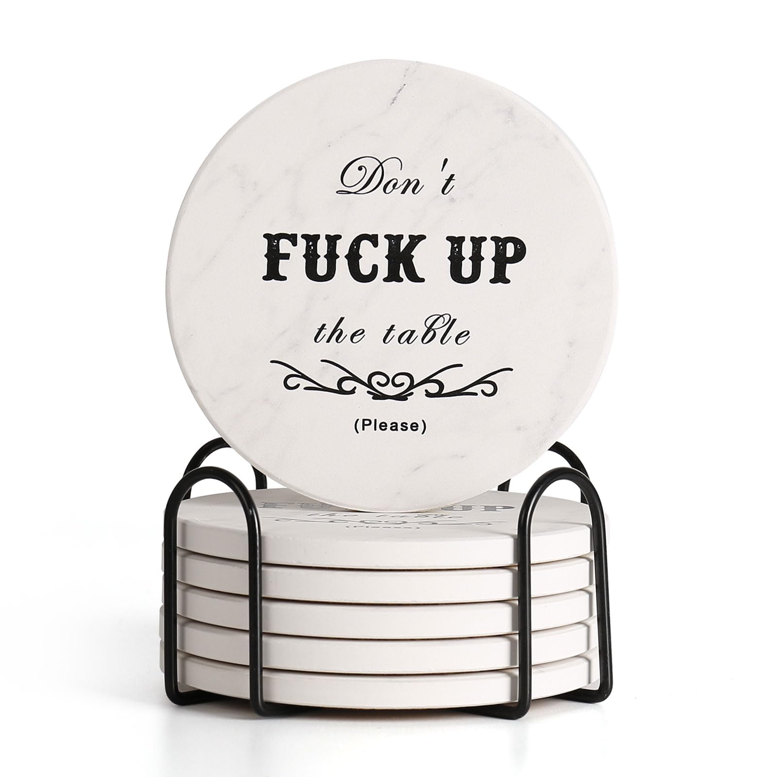 Funny Drink Coasters Ceramic Absorbent Coasters, Don't up The Table Unique Stone Drink Coaster with Cork Back for Coffee Table, Living Room, Family and Friends (Round-White, 6)