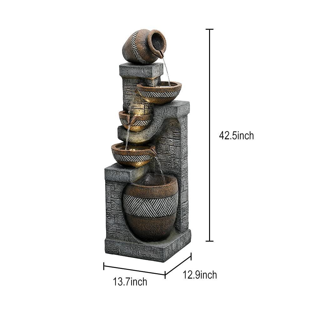Naturefalls 40" Tall Outdoor Water Fountain and Waterfalls - Large Garden Fountain with LED Lights, 4-Tier Crocks, Indoor and Outdoor Fountains for Garden, Patio, Deck, Porch, Backyard and Home, Gray - Unique Gift Market