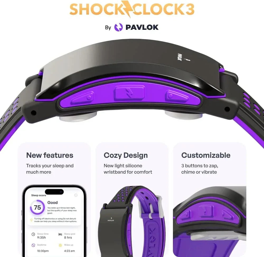 Pavlok Shock Clock 3 | Smart Alarm for Heavy Sleepers & Habit Breakers | Vibration, Beep & Safe Zap Wake Up | App-Controlled | Waterproof & Sweatproof | Silent Alarm for Couples | 1-Year Warranty - Unique Gift Market