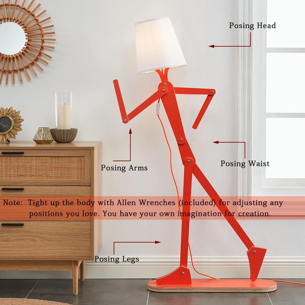 Cool Tall Floor Lamp for Bedroom & Living Room - Unique Corner Decorative Reading Wood Standing Light Creative Swing Arm Design for Farmhouse Dorn Gift Idea - Oran Orange Bulb Included