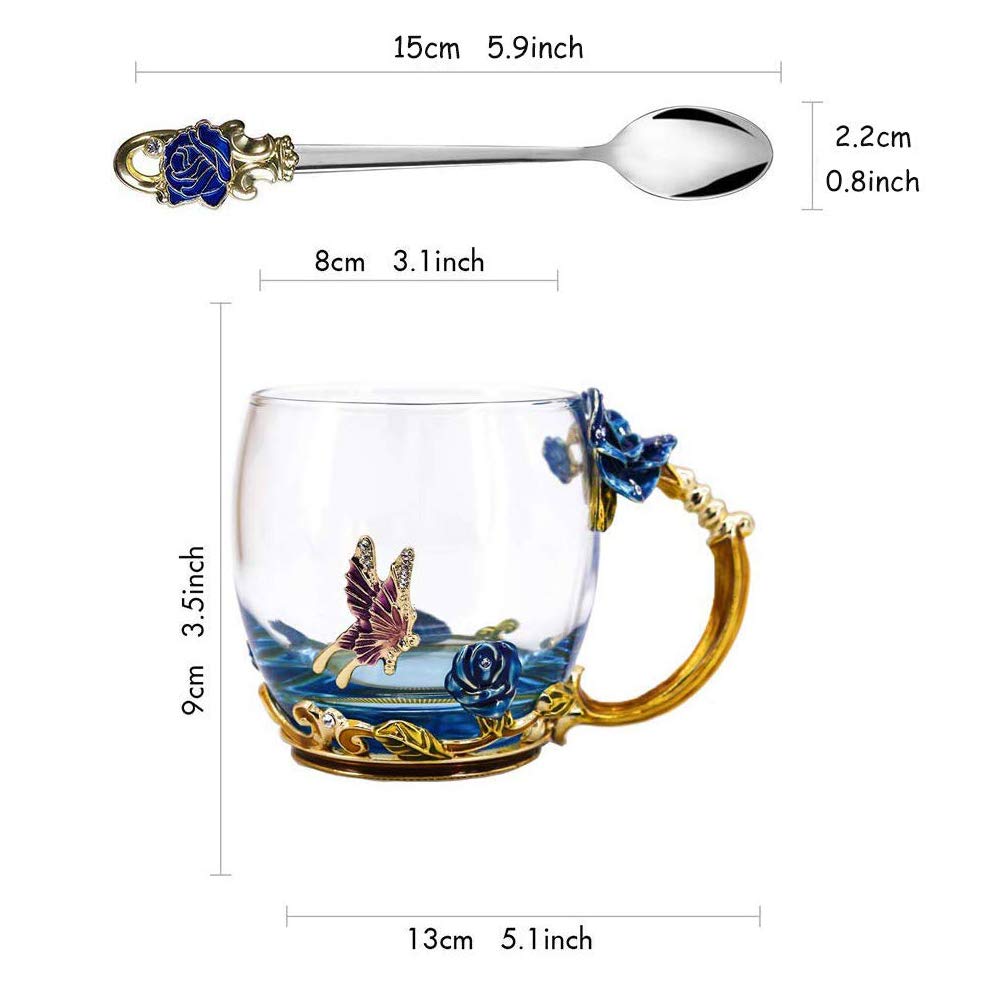 Best Gifts For Women Mom Blue Glass Coffee Tea Mug Unique Birthday Christmas Gift For Women Who Have Everything, Gift For Her Tea Cup with Spoon Sets (Blue-Tal)
