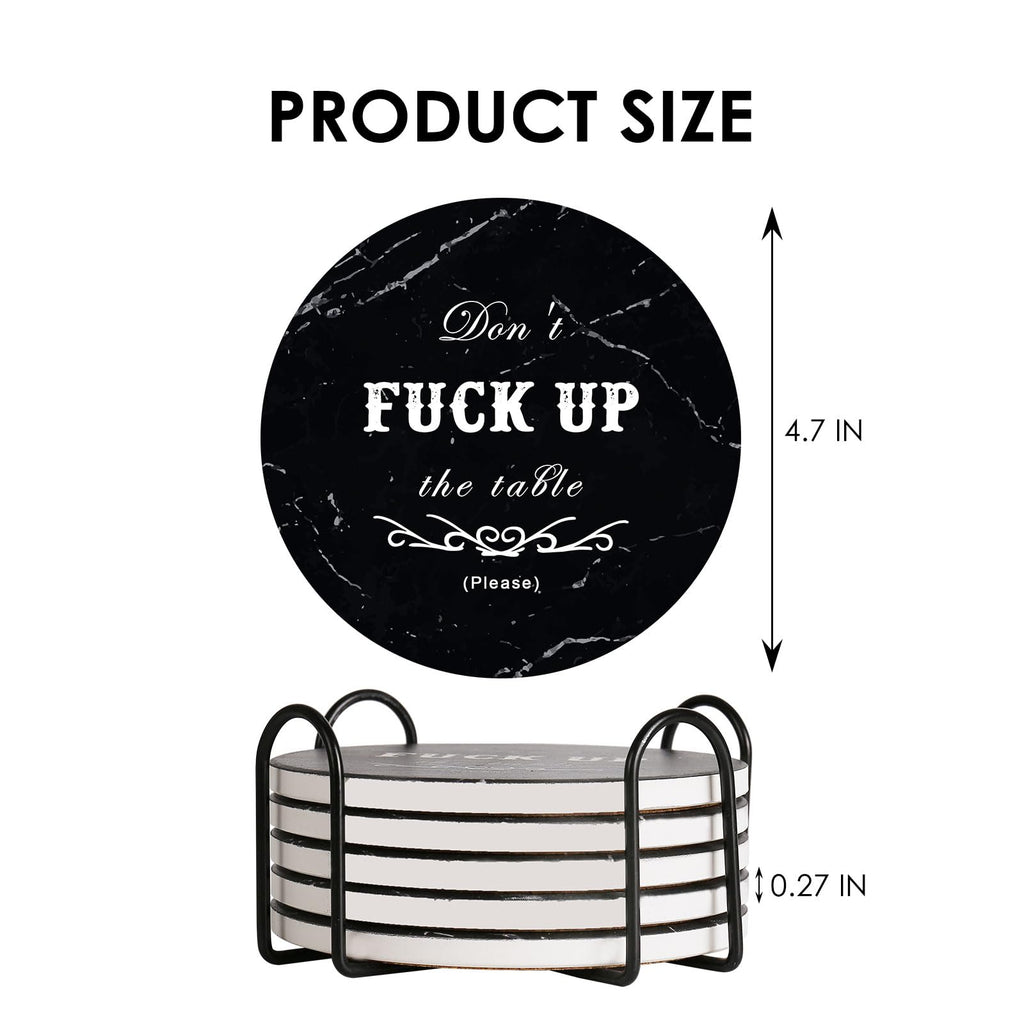 Funny Drink Coasters Ceramic Absorbent Coasters, Don't up The Table Unique Stone Drink Coaster with Cork Back for Coffee Table, Living Room, Family and Friends (Round-White, 6)