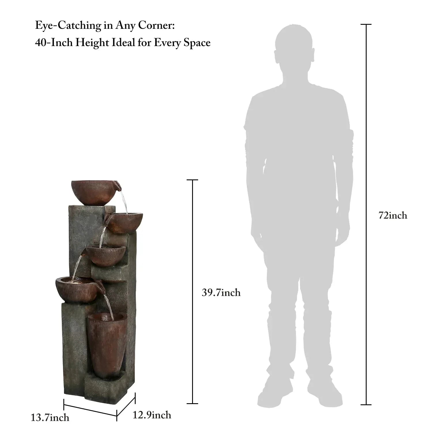 Naturefalls 40" Tall Outdoor Water Fountain and Waterfalls - Large Garden Fountain with LED Lights, 4-Tier Crocks, Indoor and Outdoor Fountains for Garden, Patio, Deck, Porch, Backyard and Home, Gray - Unique Gift Market