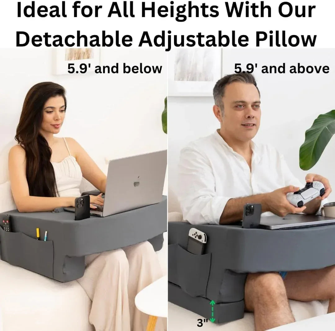 Reading Pillow for Gaming – Extra Large Lap Desk & Arm Rest with Cup & Phone Holder, Adjustable Heights, Laptop Support, Large Pockets – Comfortable for Work, Gaming & Crocheting (Furry Grey) - Unique Gift Market