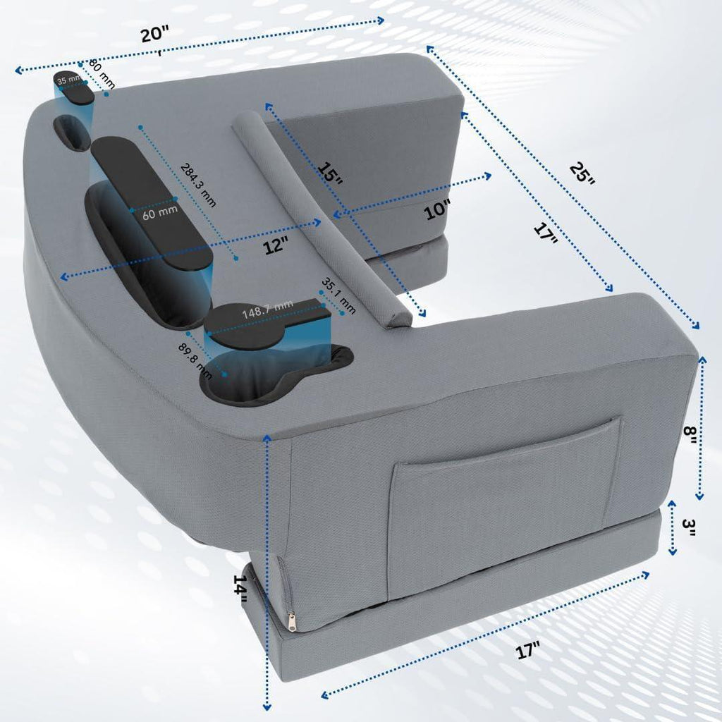 Reading Pillow for Gaming – Extra Large Lap Desk & Arm Rest with Cup & Phone Holder, Adjustable Heights, Laptop Support, Large Pockets – Comfortable for Work, Gaming & Crocheting (Furry Grey) - Unique Gift Market