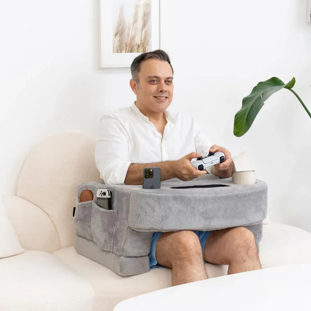 Reading Pillow for Gaming – Extra Large Lap Desk & Arm Rest with Cup & Phone Holder, Adjustable Heights, Laptop Support, Large Pockets – Comfortable for Work, Gaming & Crocheting (Furry Grey) - Unique Gift Market
