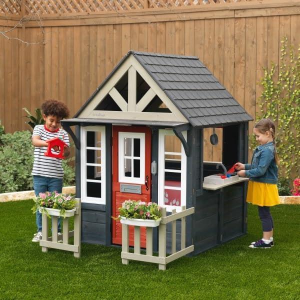 KidKraft Riverscape Wooden Playhouse with Working Doorbell, Fence, Kitchen and Pet Door - Unique Gift Market