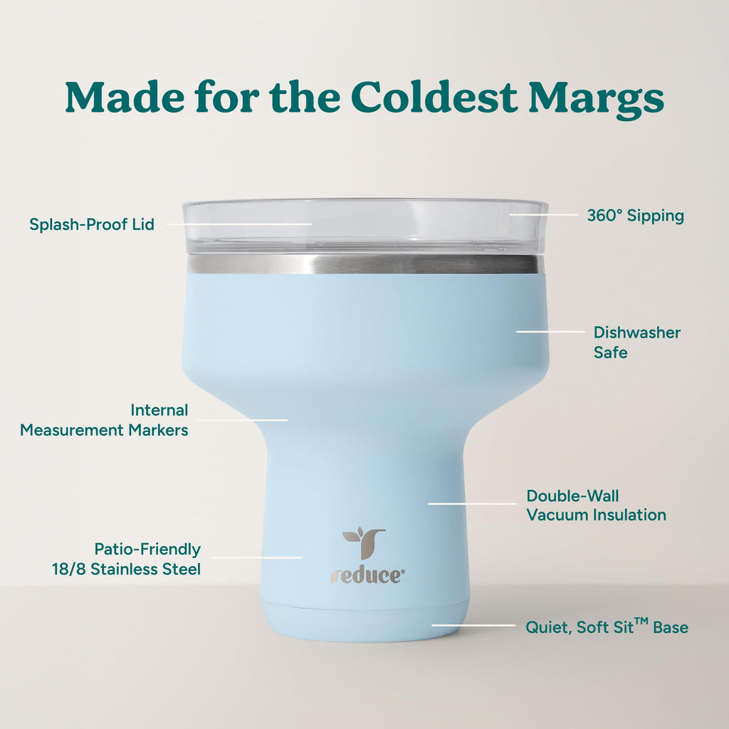 REDUCE Saltini 16 oz Cocktail Tumbler - Insulated Margarita Tumbler with Lid - Keeps Drinks Cold for 10 Hours - 360 Sippable Martini Glass Alternative - Shatterproof, Perfect for Parties - Sea Glass
