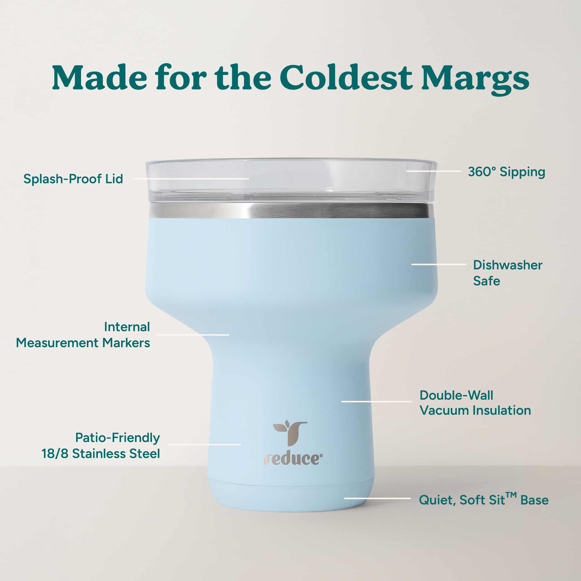 REDUCE Saltini 16 oz Cocktail Tumbler - Insulated Margarita Tumbler with Lid - Keeps Drinks Cold for 10 Hours - 360 Sippable Martini Glass Alternative - Shatterproof, Perfect for Parties - Sea Glass