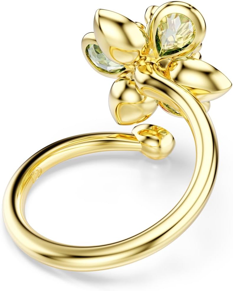 Swarovski Idyllia open ring, Mixed cuts, Flower, Green, Gold-tone Finish, Size 6 3/4