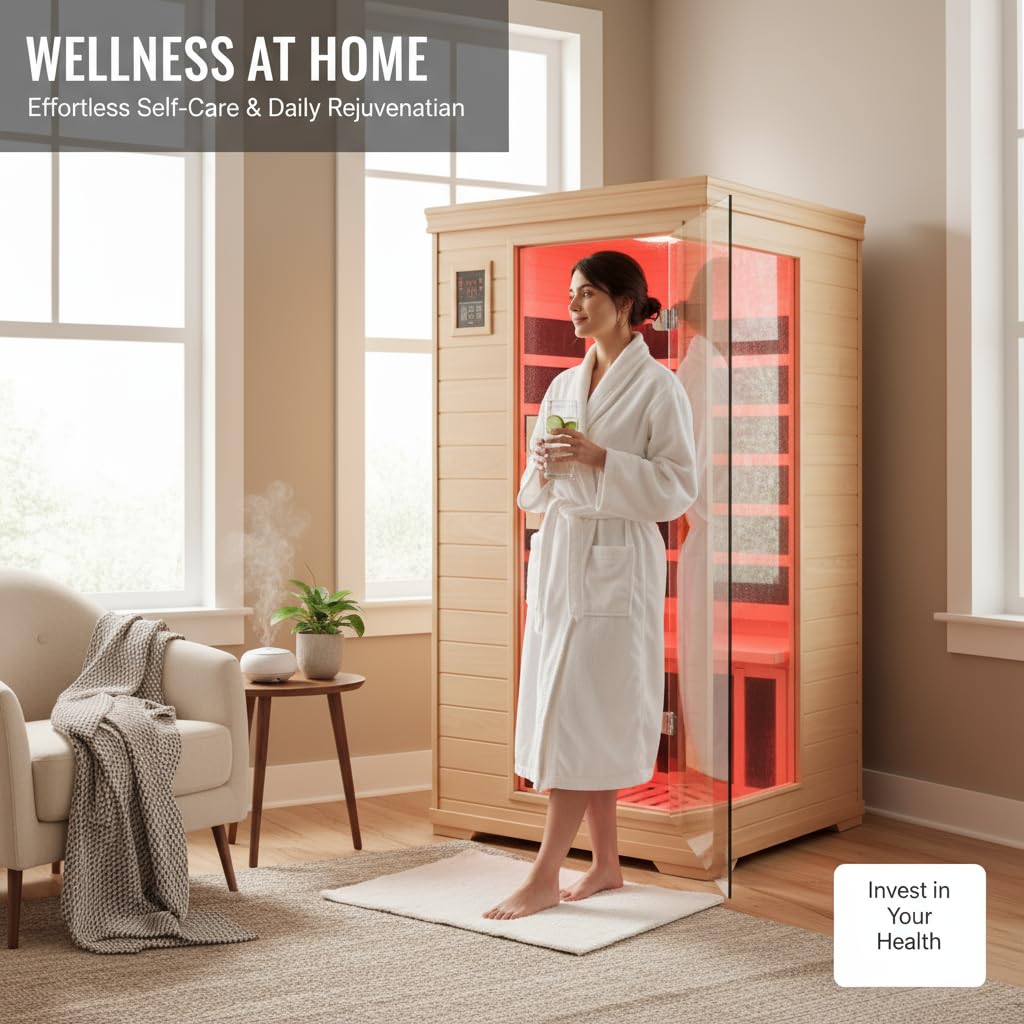 Far Infrared Sauna for 1 Person - 1050W Fast Heating, Canadian Hemlock Wood Home Sauna with Bluetooth Speaker, Chromotherapy & Oxygen Ionizer Easy Assembly Indoor Sauna for Relaxation, Detox, Home Gym