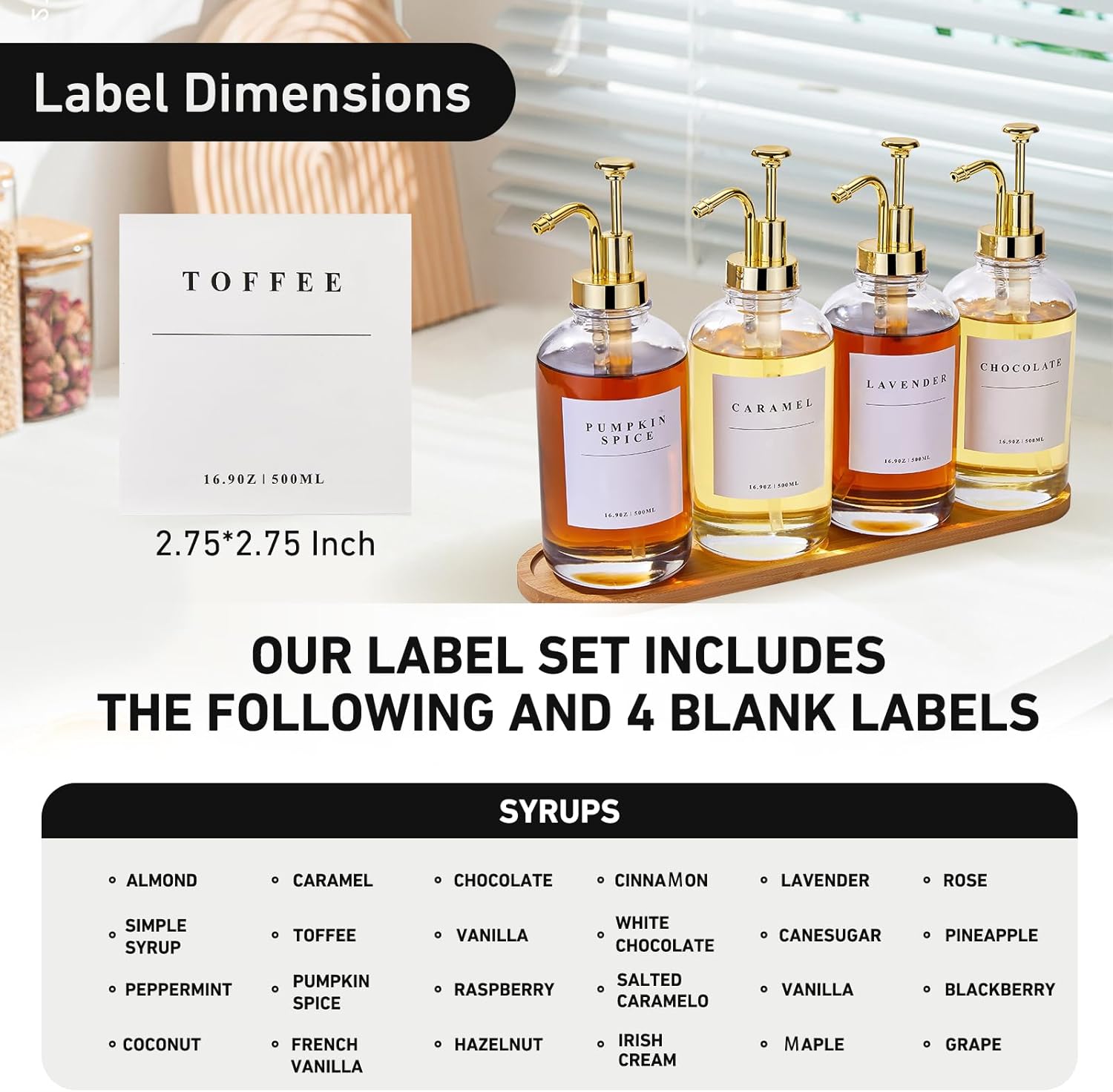 Coffee Syrup Dispenser for Coffee Bar, Coffee Syrup Pump Dispenser, Glass Syrup Bottle with Gold Upgraded Pump, 4 Pack 16.9 oz 500 ml Syrup Dispensers, 28 Labels and Large Bamboo Tray