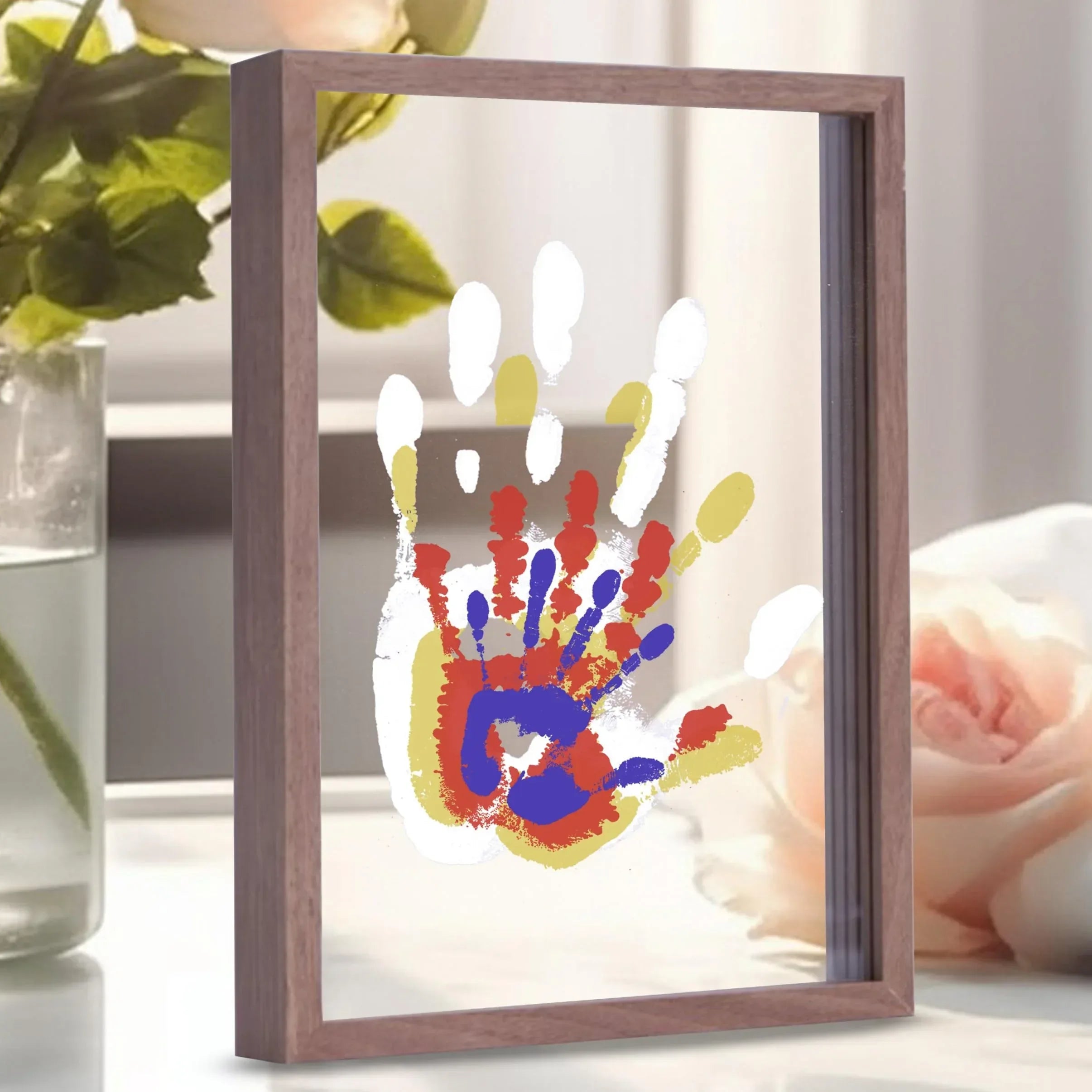 Family Handprint Kit, DIY Craft Keepsake Wooden Frame, Endless Gift Set, Non-Toxic Paints, Transparent Sheets (Brown) - Unique Gift Market