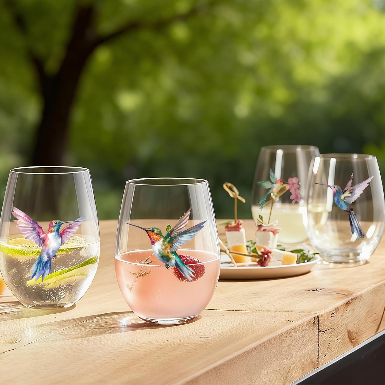 Hummingbird Stemless Wine Glasses Set of 4, Hummingbird Lovers Gifts for Women, Bird and Outdoor Lovers, 15oz Wine Glasses Gifts for Women, Floral Garden Lovers, Forest Birds Hummingbird Decor