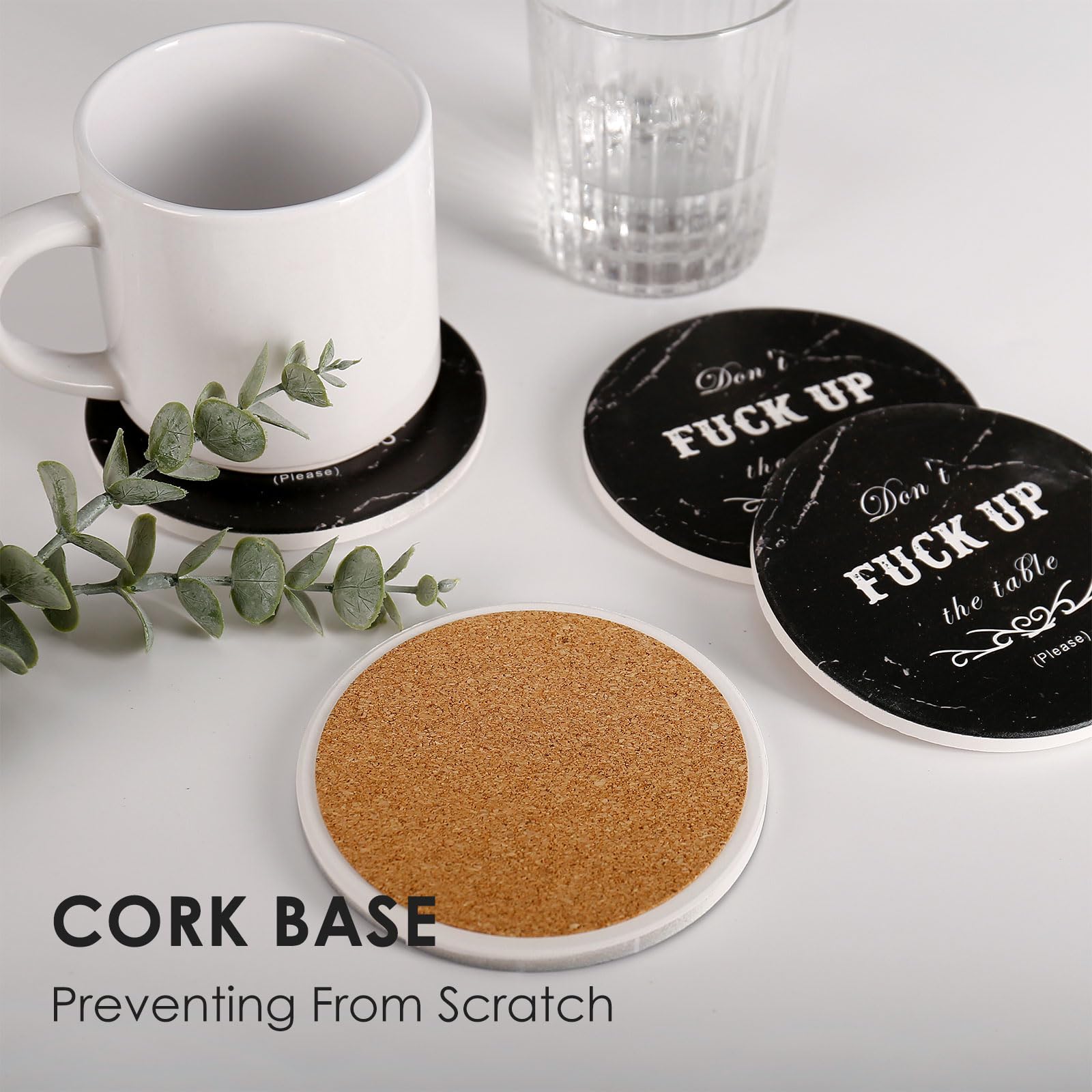 Funny Drink Coasters Ceramic Absorbent Coasters, Don't up The Table Unique Stone Drink Coaster with Cork Back for Coffee Table, Living Room, Family and Friends (Round-White, 6)
