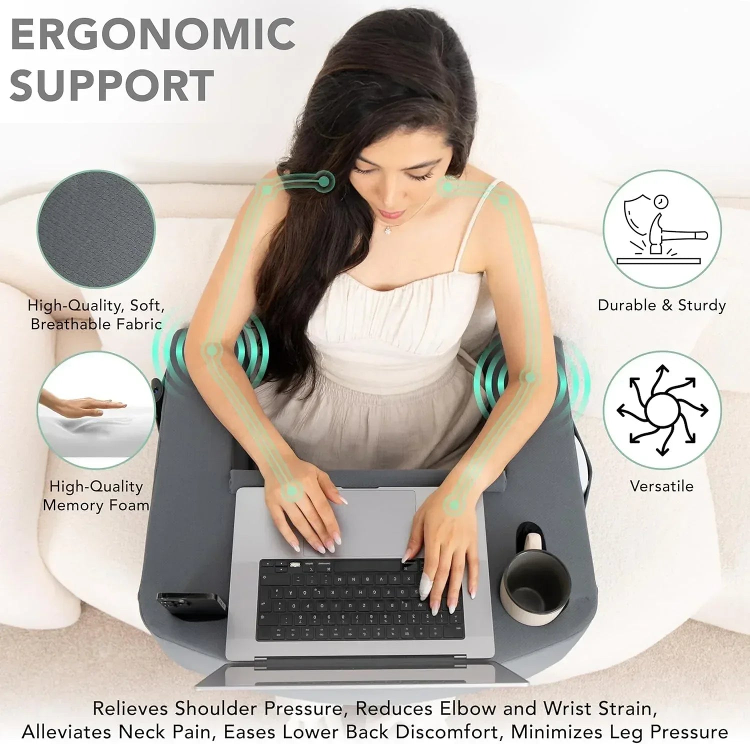 Reading Pillow for Gaming – Extra Large Lap Desk & Arm Rest with Cup & Phone Holder, Adjustable Heights, Laptop Support, Large Pockets – Comfortable for Work, Gaming & Crocheting (Furry Grey) - Unique Gift Market