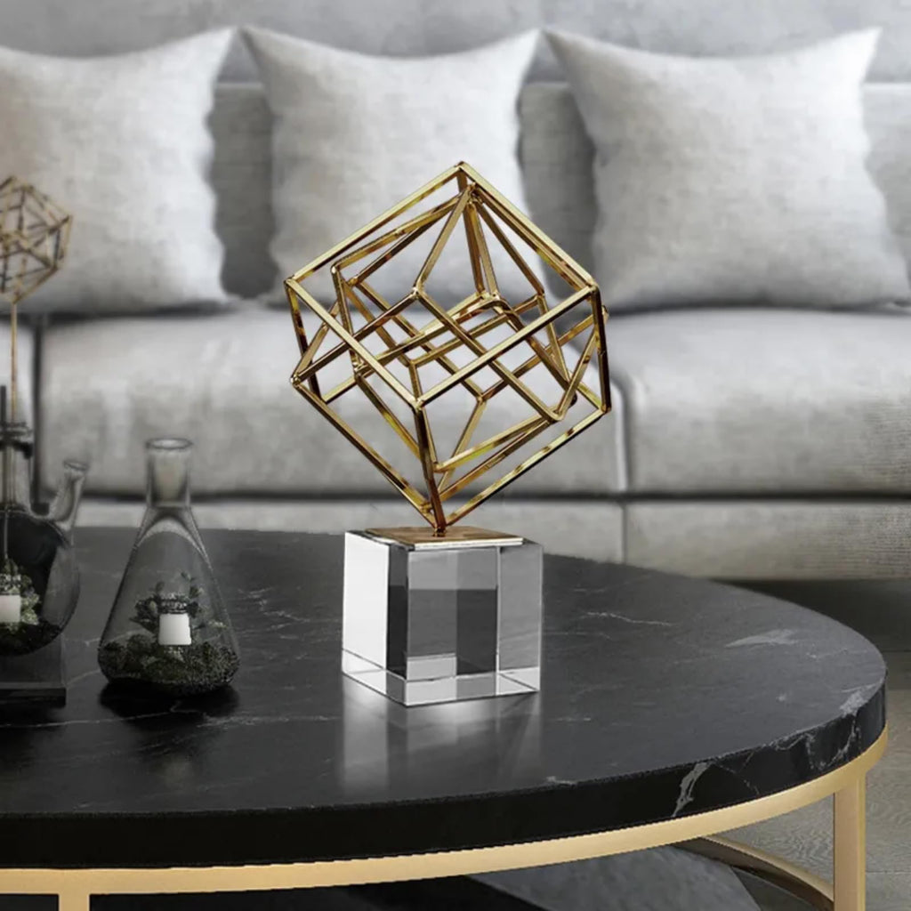Homary Modern Abstract Art Decoration Metal Globe Ornament Sculpture Decor with Rectangle Stand Black & Gold