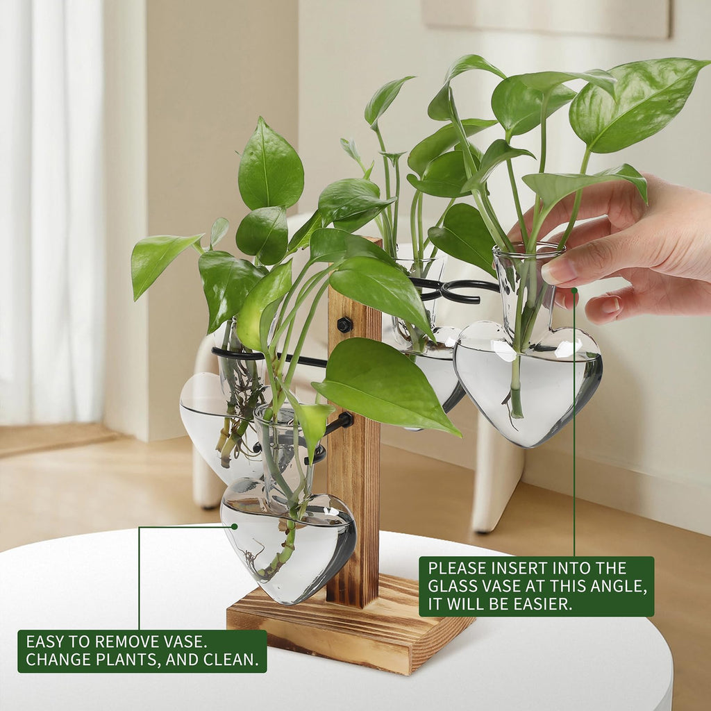 Plant Terrarium Propagation Stations with Wooden Stand, Glass Vase for Indoor Hydroponics Home Garden Office Decoration Gift for Women - 4 Love Bulb Vase