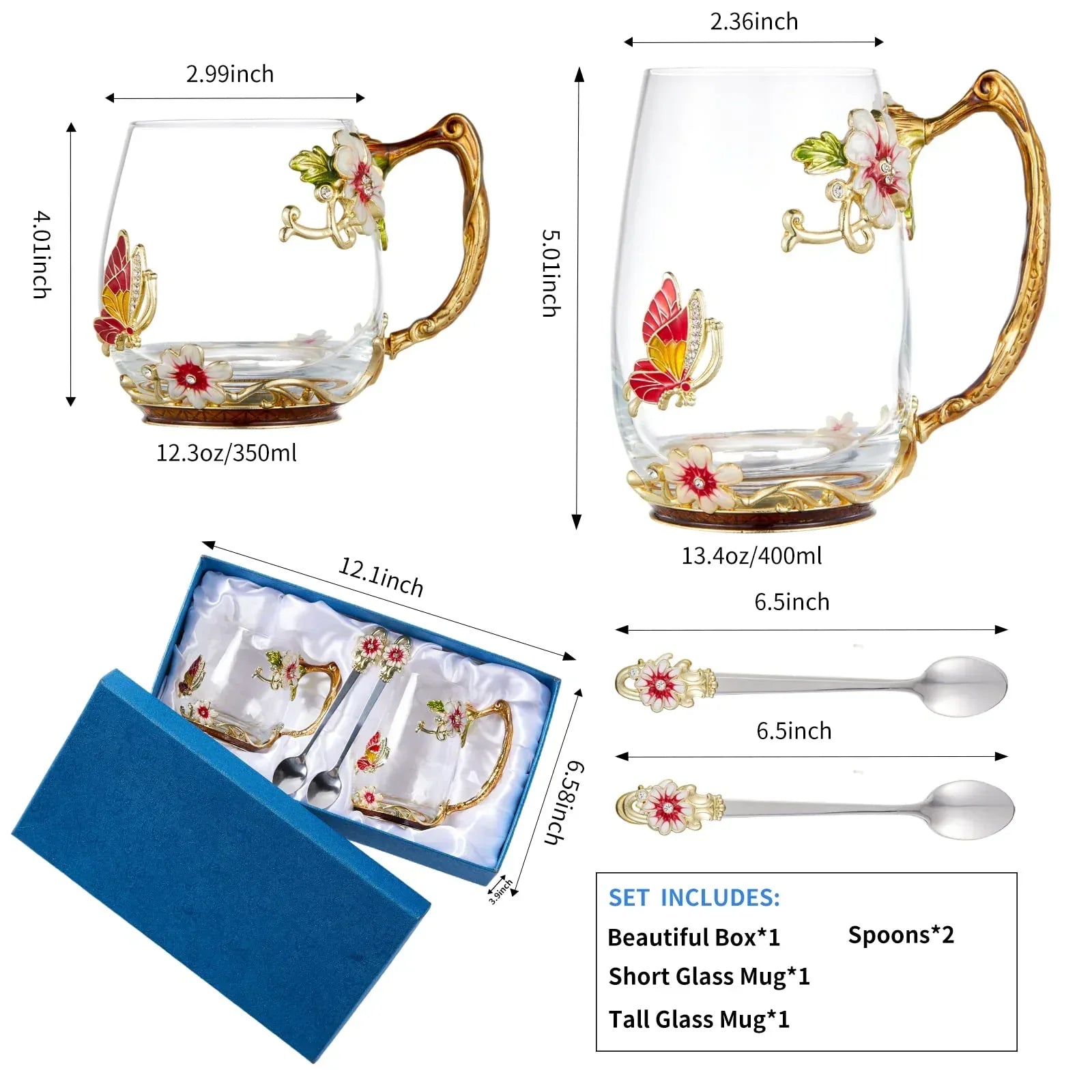 Tea Cup Glass Coffee Mugs,Fancy Tea Cup Set Birthday Christmas Valentine's Day Gift Idea for Tea Lover and Women Novelty Coffee Mugs Rose Flower Enamel Tea Cup Glass Mug with Spoon Set - Unique Gift Market