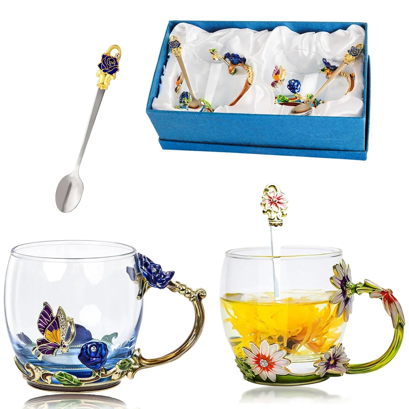 Tea Cup Glass Coffee Mugs,Fancy Tea Cup Set Birthday Christmas Valentine's Day Gift Idea for Tea Lover and Women Novelty Coffee Mugs Rose Flower Enamel Tea Cup Glass Mug with Spoon Set - Unique Gift Market
