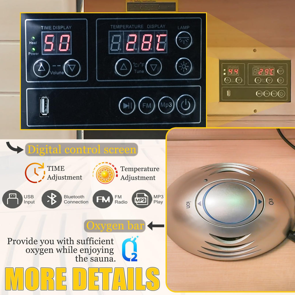 Far Infrared Sauna for 1 Person - 1050W Fast Heating, Canadian Hemlock Wood Home Sauna with Bluetooth Speaker, Chromotherapy & Oxygen Ionizer Easy Assembly Indoor Sauna for Relaxation, Detox, Home Gym