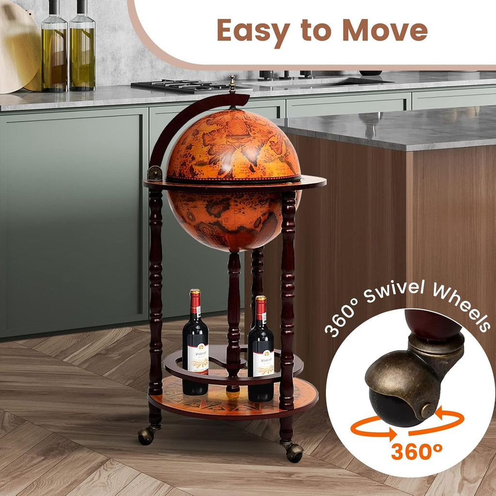 Goplus Globe Bar, 17.5” Liquor Globe Bar Cart with Wheels, Bottom Shelf, Old World Map, 16th Century Italian Replica Retro Wine Alcohol Stand, Globe Bar Cart for Dining Room Living Room Home
