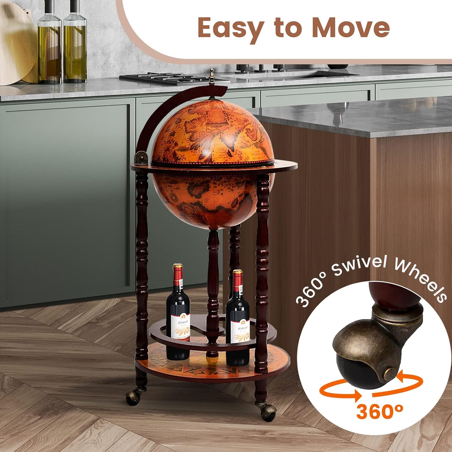 Goplus Globe Bar, 17.5” Liquor Globe Bar Cart with Wheels, Bottom Shelf, Old World Map, 16th Century Italian Replica Retro Wine Alcohol Stand, Globe Bar Cart for Dining Room Living Room Home