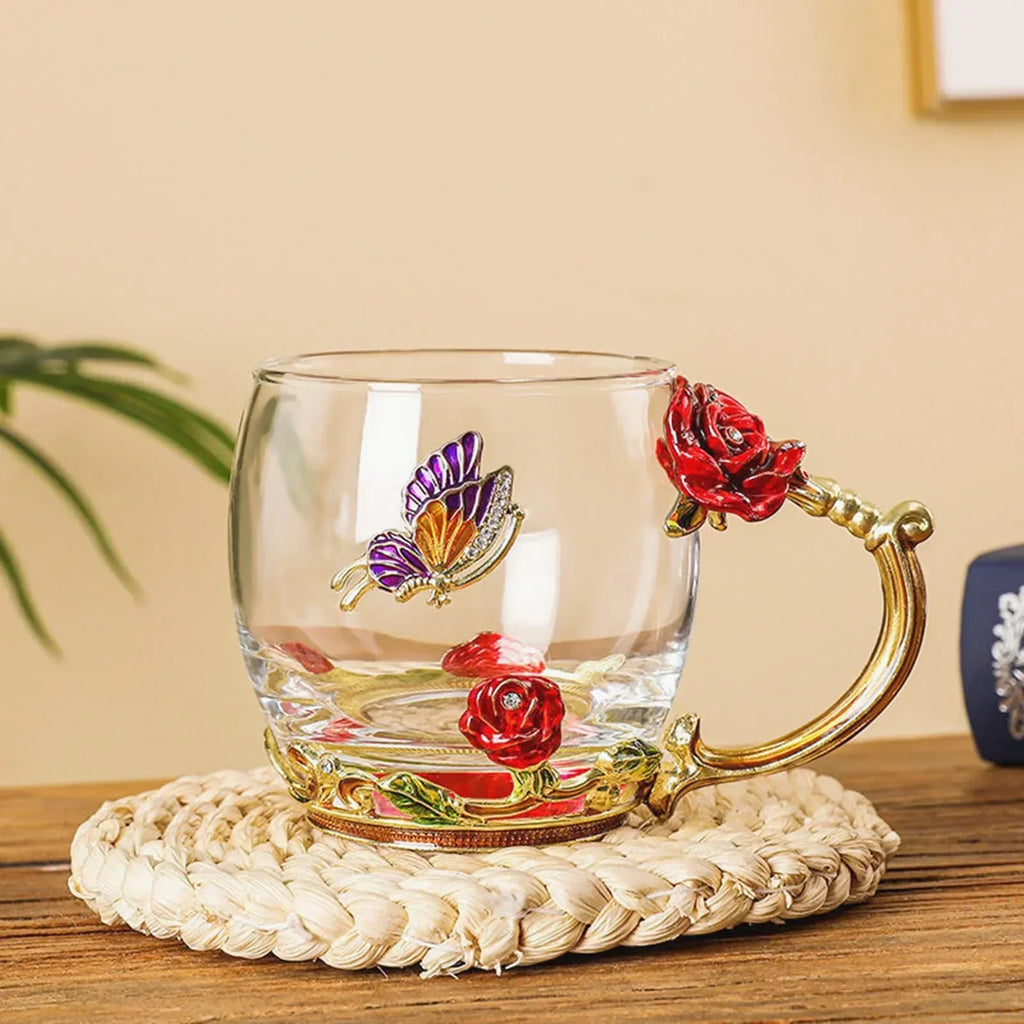 Tea Cup Glass Coffee Mugs,Fancy Tea Cup Set Birthday Christmas Valentine's Day Gift Idea for Tea Lover and Women Novelty Coffee Mugs Rose Flower Enamel Tea Cup Glass Mug with Spoon Set - Unique Gift Market