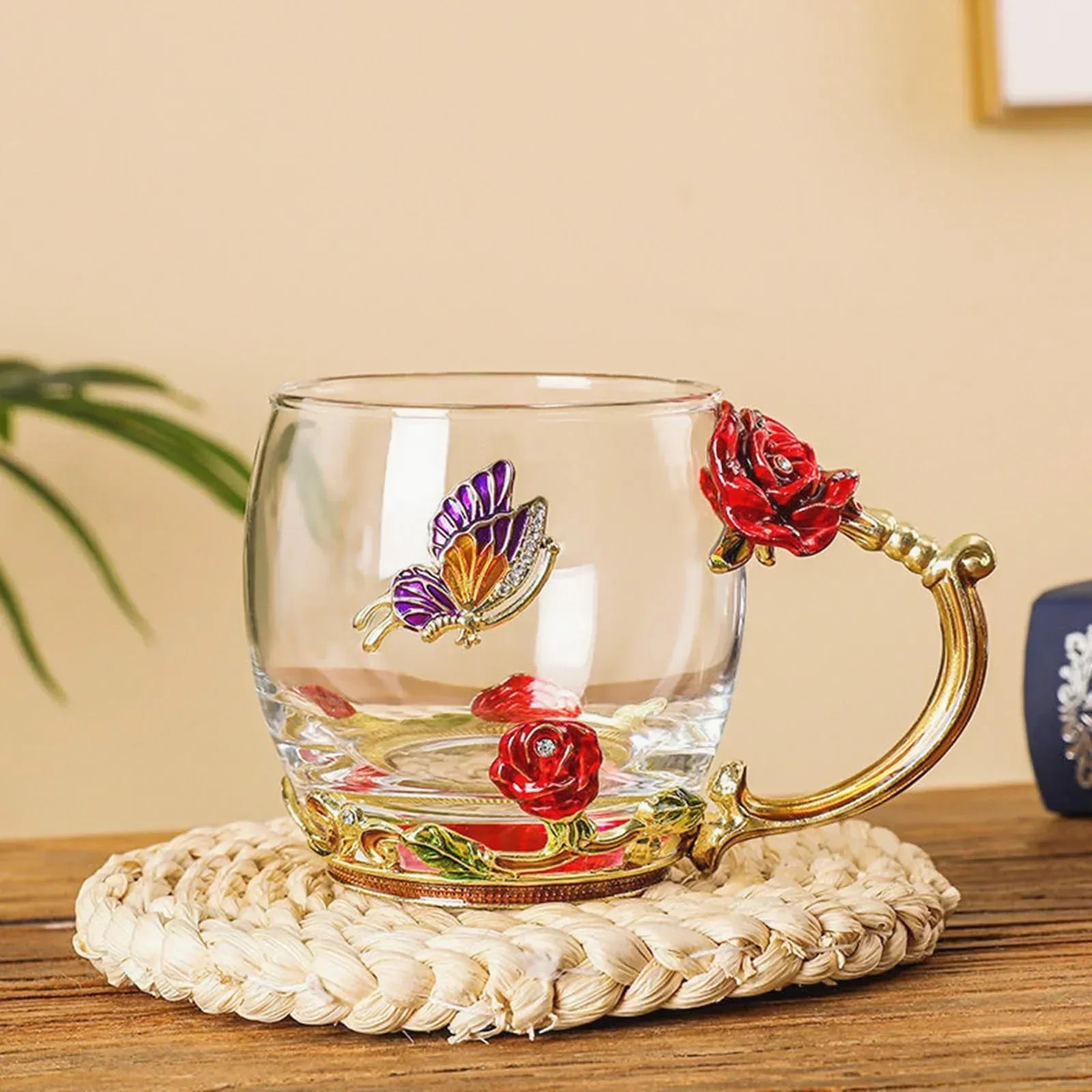 Tea Cup Glass Coffee Mugs,Fancy Tea Cup Set Birthday Christmas Valentine's Day Gift Idea for Tea Lover and Women Novelty Coffee Mugs Rose Flower Enamel Tea Cup Glass Mug with Spoon Set - Unique Gift Market