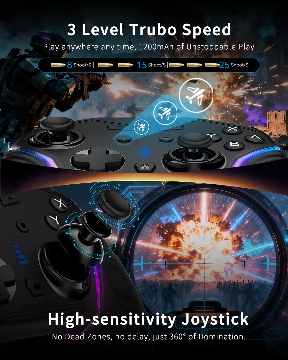 Mobile Gaming Controller for iPhone/iOS/Android/Switch/Laptop, Wired Control for PC/Steam, Wireless Phone Controller Gamepad with Programmable/Vibration/6-Axis Gyro/Turbo/RGB Light(with Phone Clip)