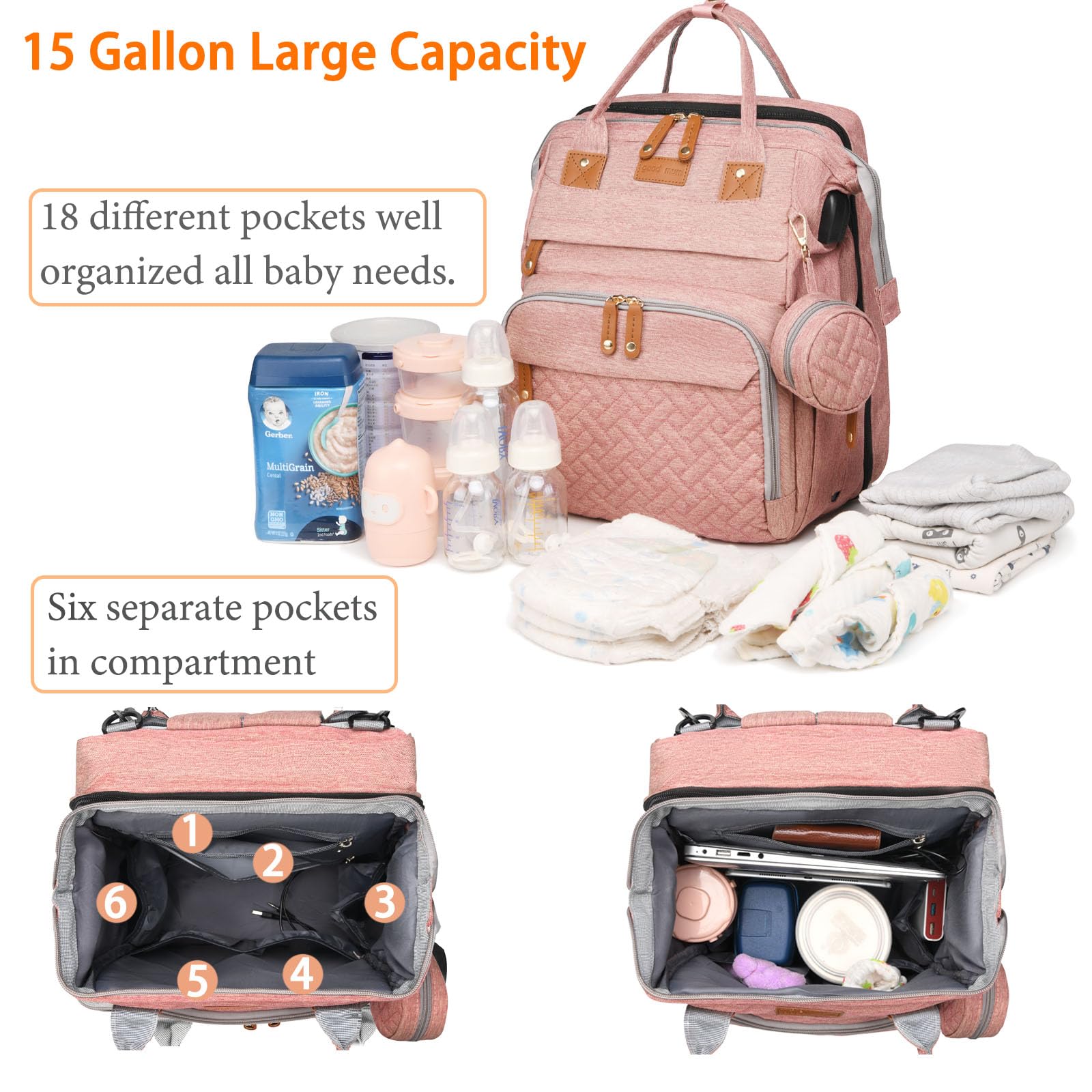 Baby Diaper Bags with Changing Station, Waterproof Diaper Bag Backpack for Moms Dads with USB Charging Port, Baby Shower Gifts, Large Capacity diaper backpack, Grey