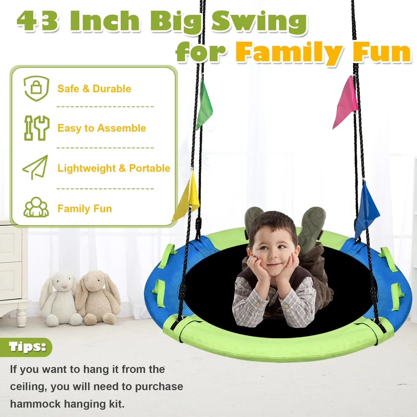 43 Inch Tree Swing, 900lbs Weight Capacity Saucer Swing Sets for Kids & Adults, with 360 Degree Swivel and Adjustable Hanging Strap, Green and Blue - Unique Gift Market