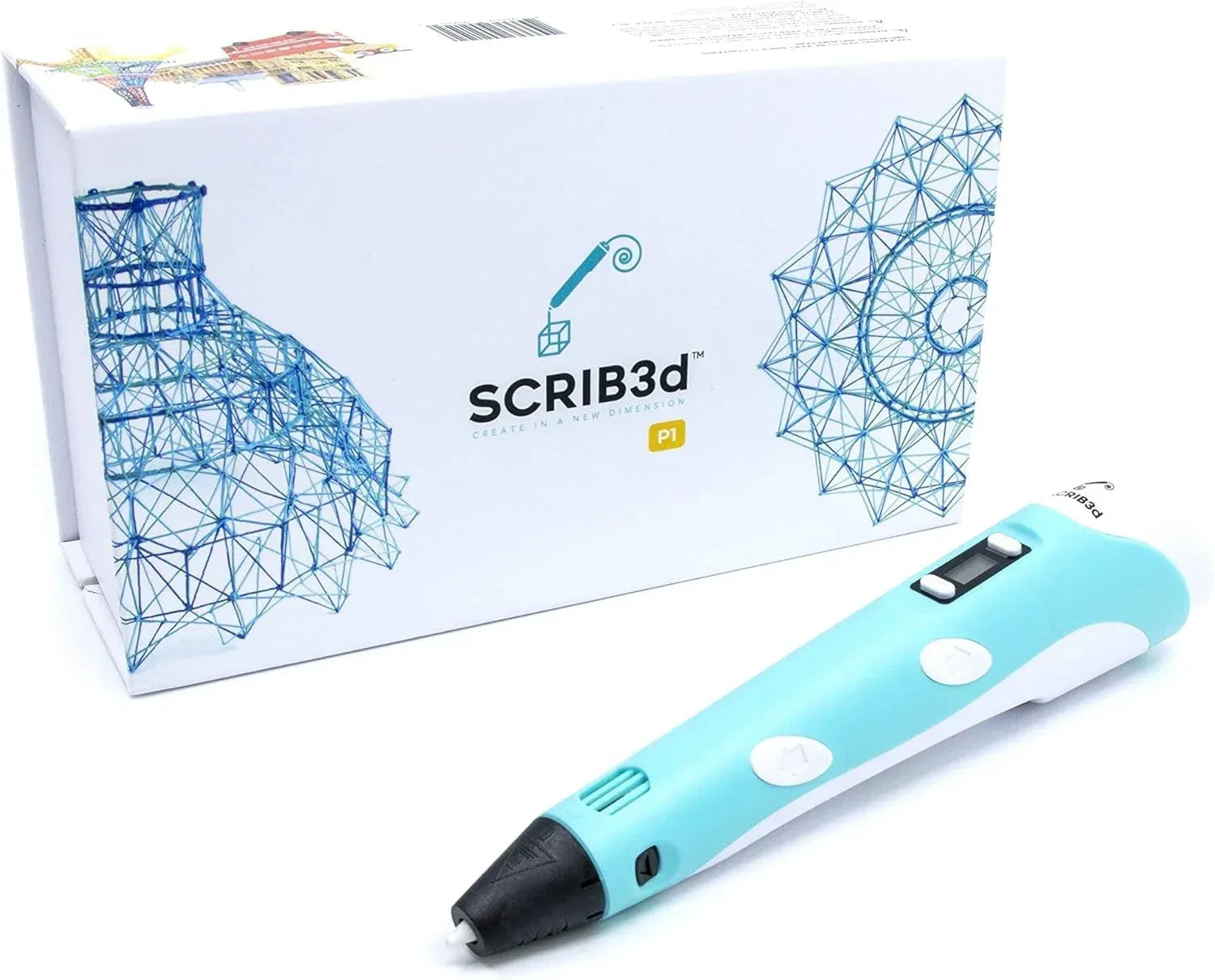 SCRIB3D P1 3D Printing Pen with Display - Includes 3D Pen, 3 Starter Colors of PLA Filament, Stencil Book + Project Guide, and Power adapter - Unique Gift Market
