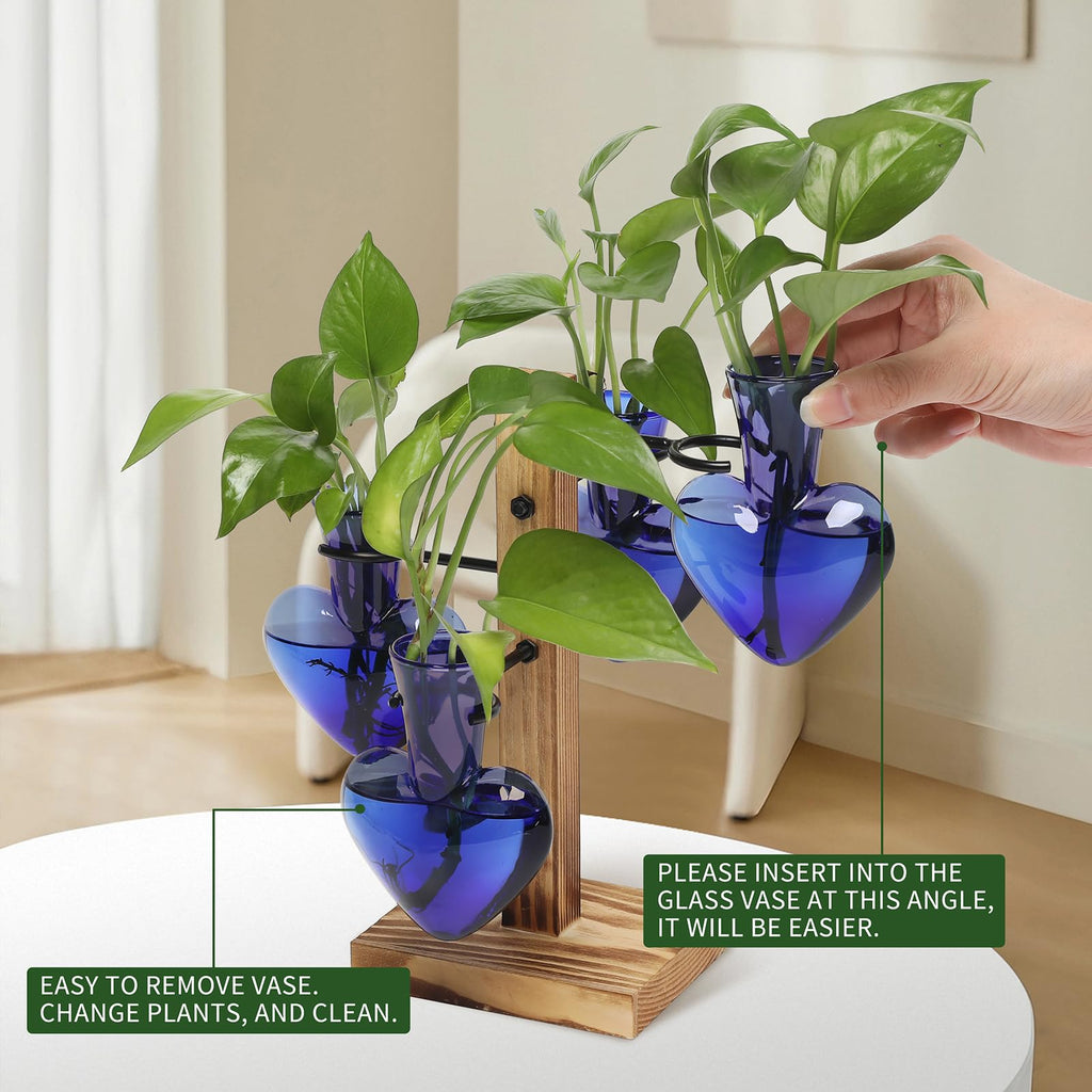 Plant Terrarium Propagation Stations with Wooden Stand, Glass Vase for Indoor Hydroponics Home Garden Office Decoration Gift for Women - 4 Love Bulb Vase