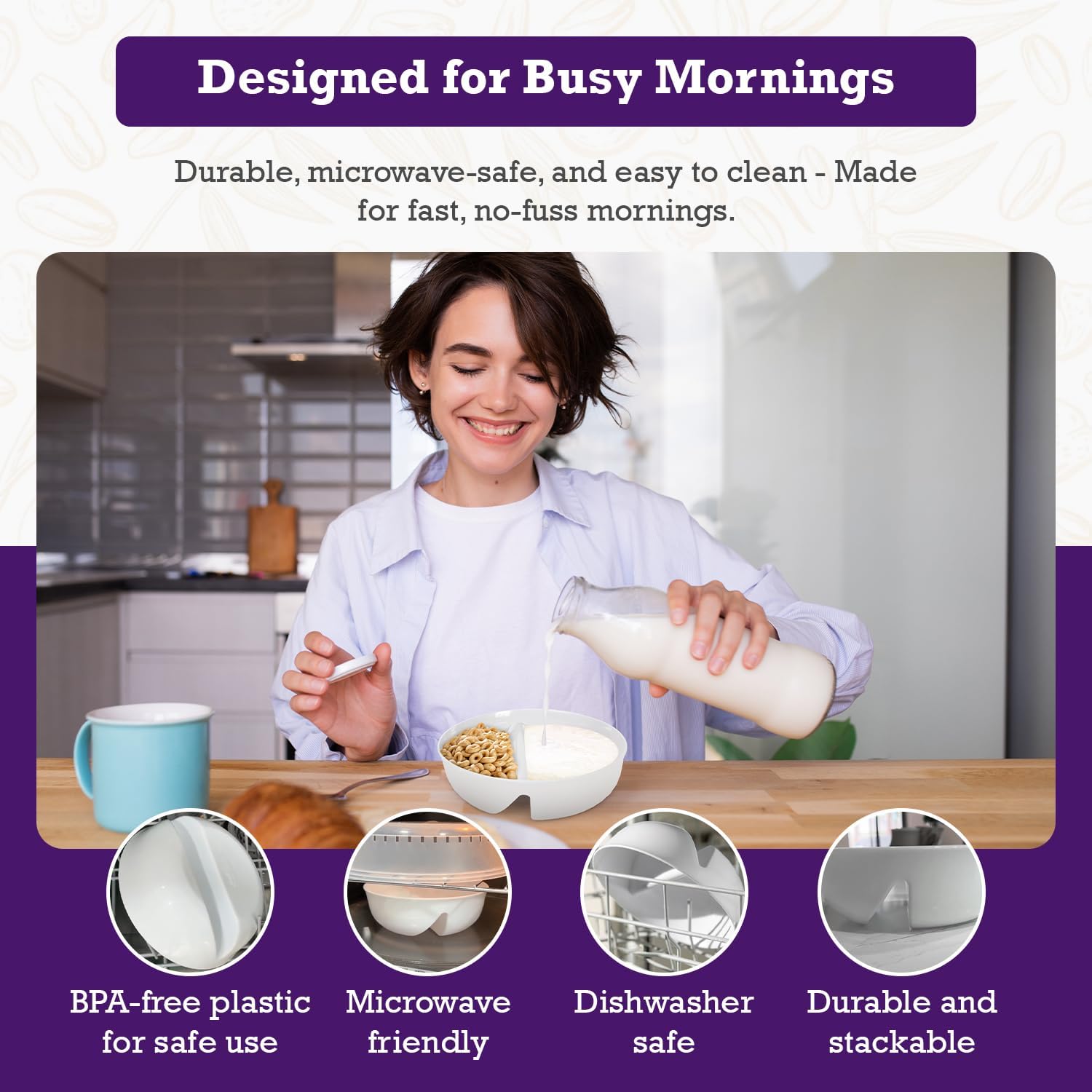 2 Pack - Just Crunch Anti-Soggy Cereal Bowl - Keeps Cereal Fresh & Crunchy | BPA Free | Microwave Safe | Ice Cream & Topping, Yogurt & Berries, Fries & Ketchup and More – White