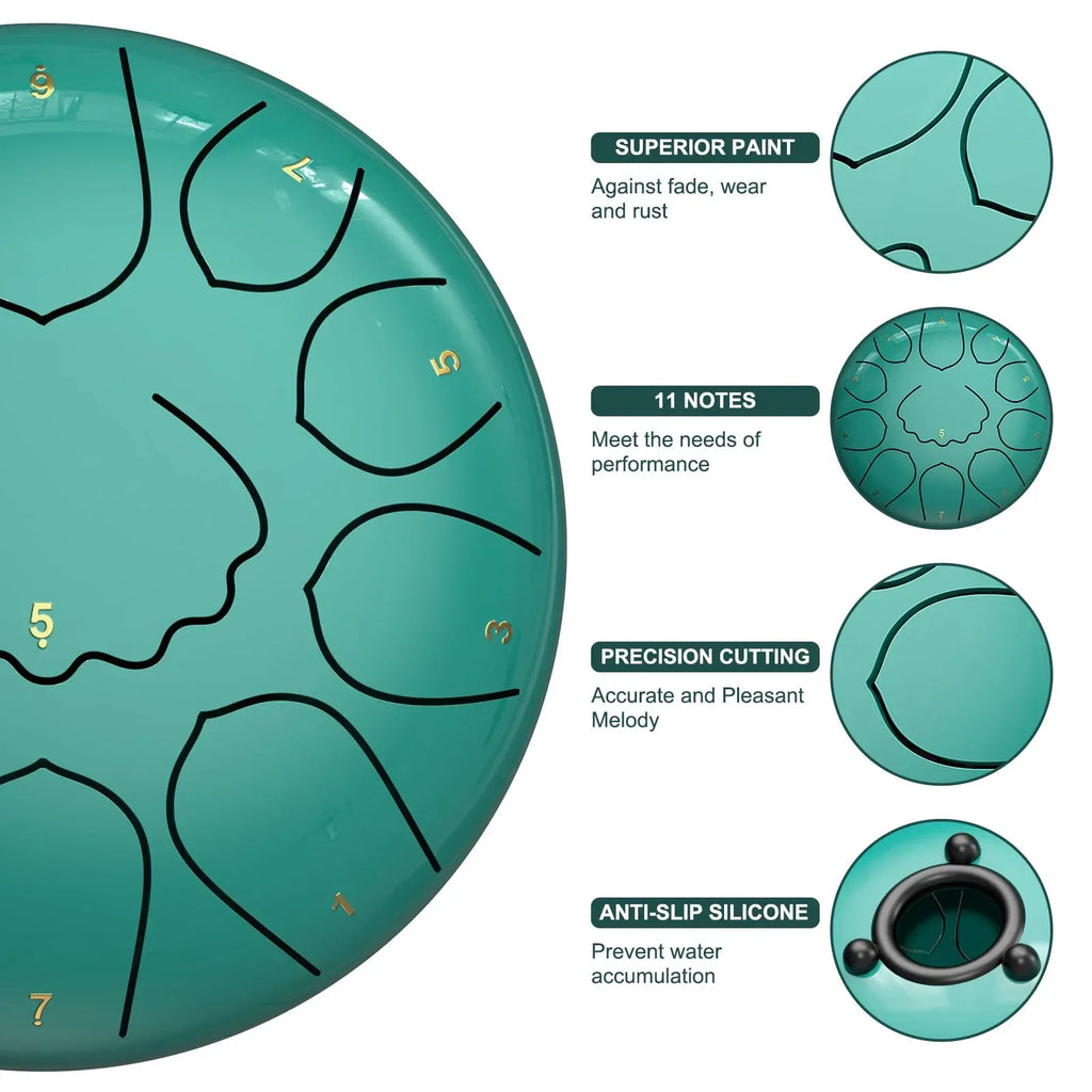 Rain Drum for Outside Garden, 6 Inches 8 Notes Steel Tongue Chakra Drums, Waterproof Meditation Rain Chime, Musical Instruments for Adult Gift with Bag, Music Book, Drum Mallets (Green) - Unique Gift Market