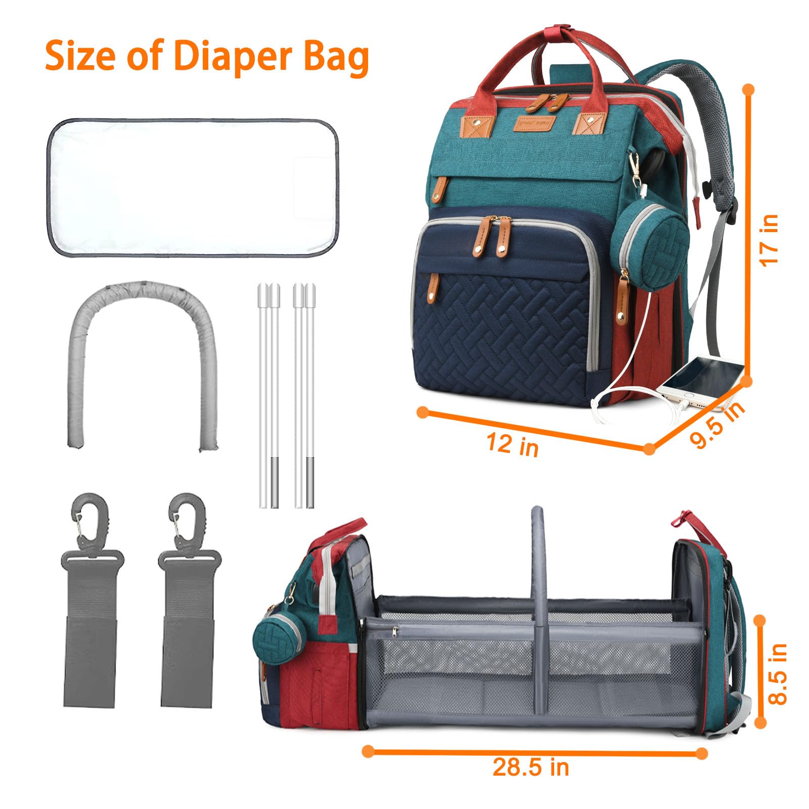 Baby Diaper Bags with Changing Station, Waterproof Diaper Bag Backpack for Moms Dads with USB Charging Port, Baby Shower Gifts, Large Capacity diaper backpack, Grey