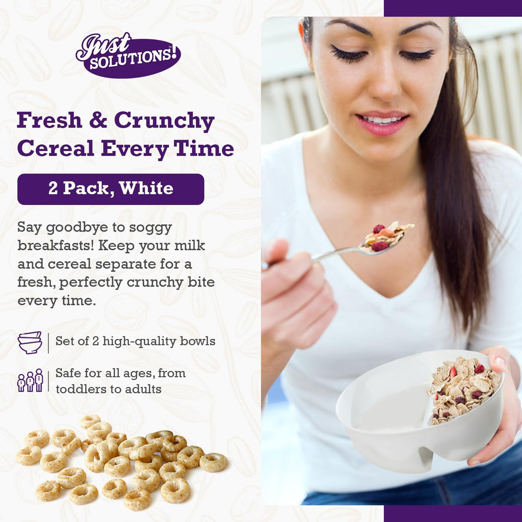 2 Pack - Just Crunch Anti-Soggy Cereal Bowl - Keeps Cereal Fresh & Crunchy | BPA Free | Microwave Safe | Ice Cream & Topping, Yogurt & Berries, Fries & Ketchup and More – White