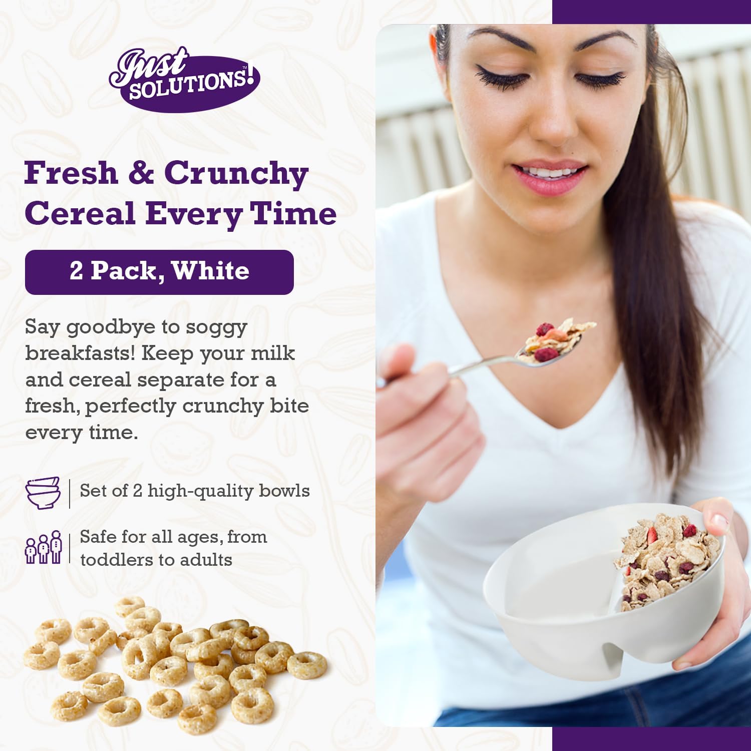 2 Pack - Just Crunch Anti-Soggy Cereal Bowl - Keeps Cereal Fresh & Crunchy | BPA Free | Microwave Safe | Ice Cream & Topping, Yogurt & Berries, Fries & Ketchup and More – White