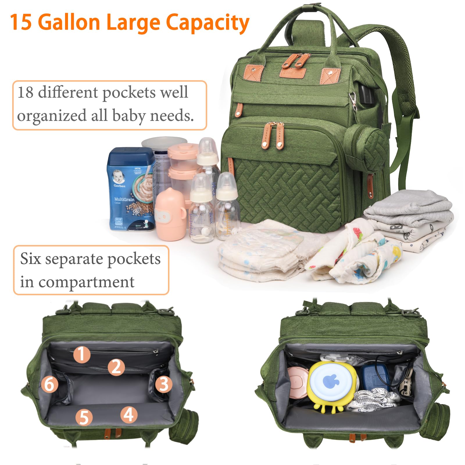 Baby Diaper Bags with Changing Station, Waterproof Diaper Bag Backpack for Moms Dads with USB Charging Port, Baby Shower Gifts, Large Capacity diaper backpack, Grey