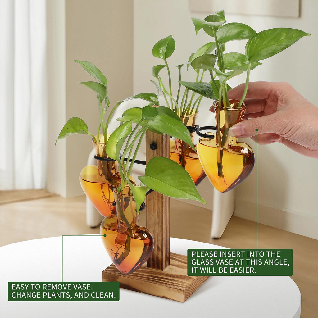 Plant Terrarium Propagation Stations with Wooden Stand, Glass Vase for Indoor Hydroponics Home Garden Office Decoration Gift for Women - 4 Love Bulb Vase