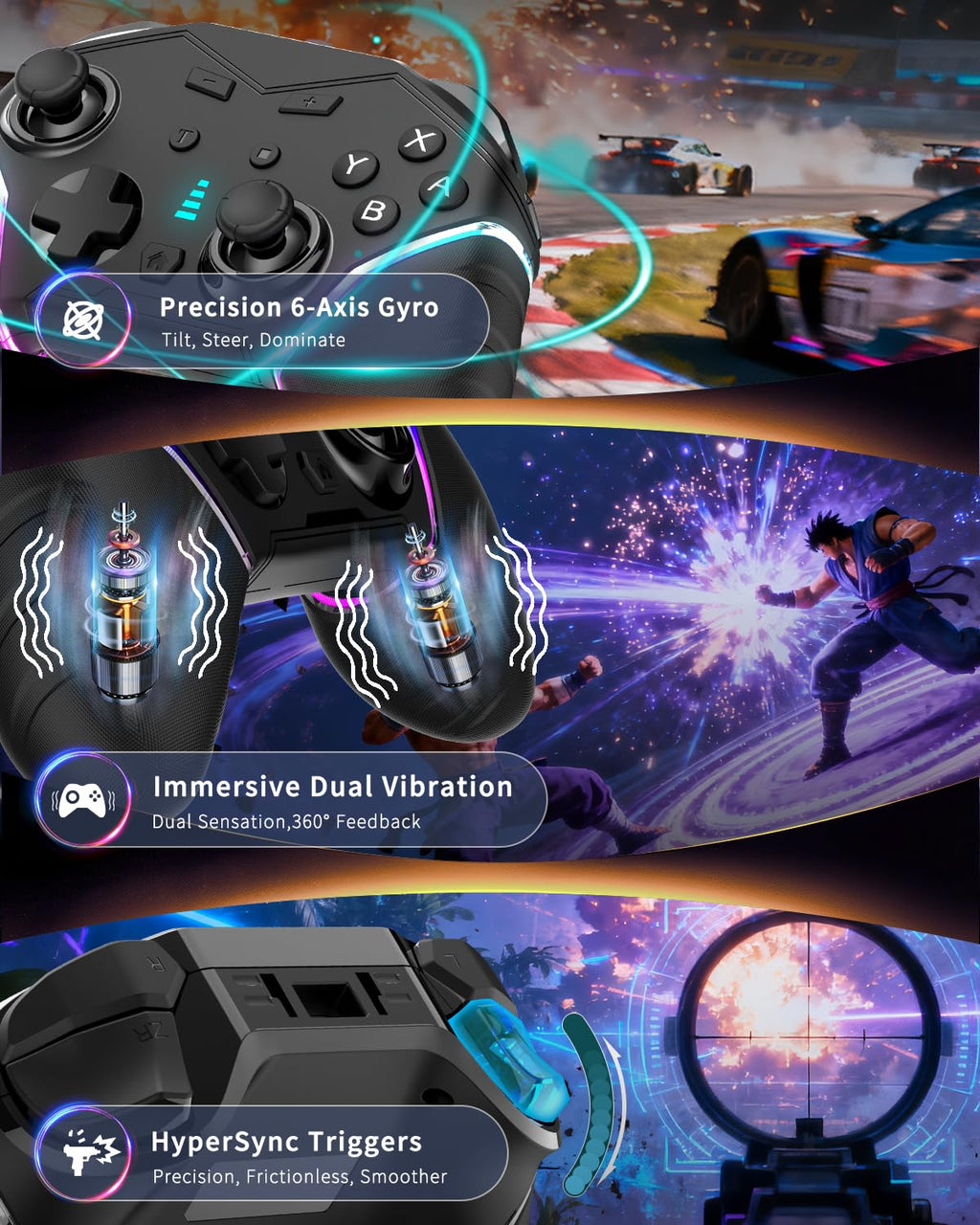 Mobile Gaming Controller for iPhone/iOS/Android/Switch/Laptop, Wired Control for PC/Steam, Wireless Phone Controller Gamepad with Programmable/Vibration/6-Axis Gyro/Turbo/RGB Light(with Phone Clip)