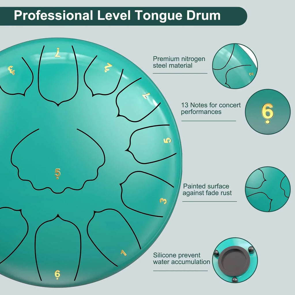 Rain Drum for Outside Garden, 6 Inches 8 Notes Steel Tongue Chakra Drums, Waterproof Meditation Rain Chime, Musical Instruments for Adult Gift with Bag, Music Book, Drum Mallets (Green) - Unique Gift Market