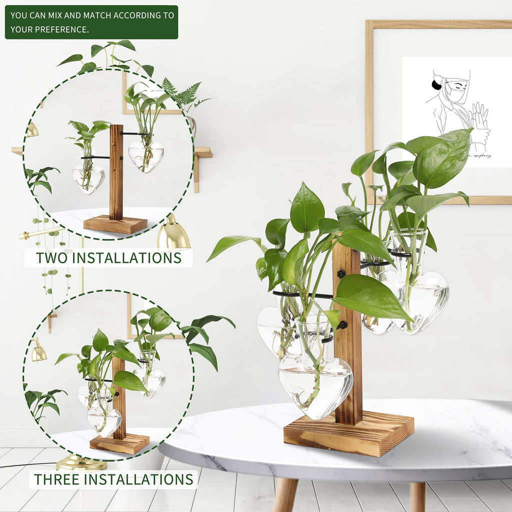 Plant Terrarium Propagation Stations with Wooden Stand, Glass Vase for Indoor Hydroponics Home Garden Office Decoration Gift for Women - 4 Love Bulb Vase
